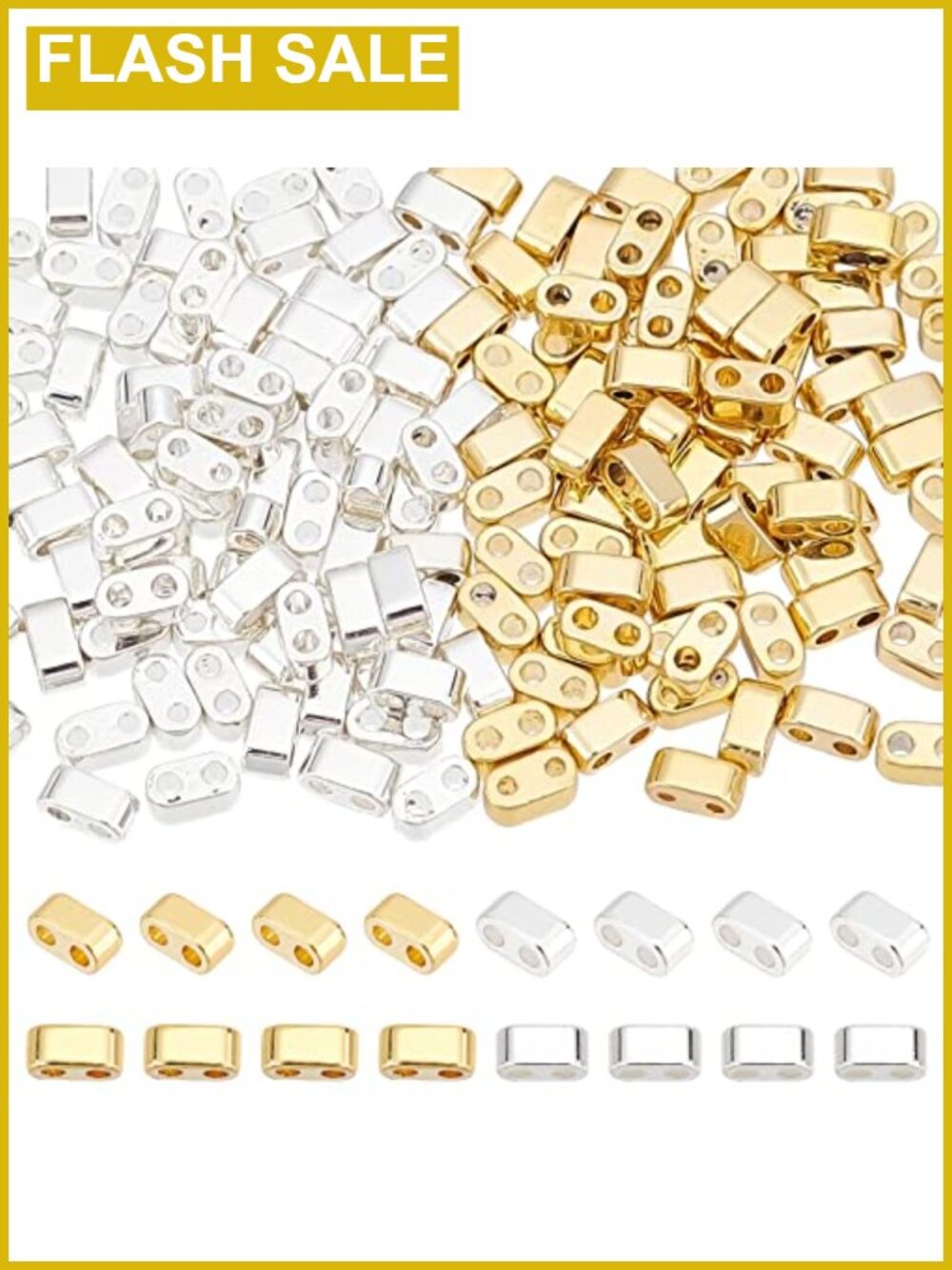 160pcs 2-Hole Half Tila Beads 24K Gold Sterling Silver Plated Synthetic